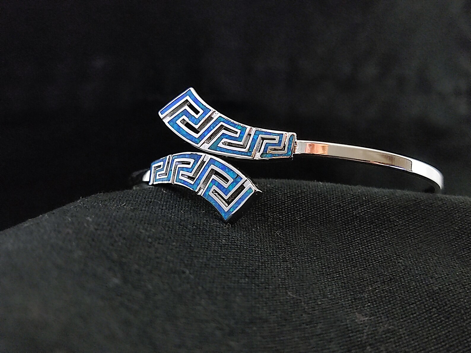 Sterling Silver 925 Greek Cuff Bracelet With Blue Opal Stones Etsy