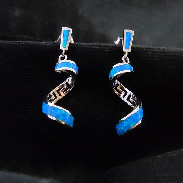 Sterling Silver 925 Greek Key Meander Twist Blue Opal Dangle Stud Earrings, Griechischer Blau Opal Ohrringe, Bijoux Grecque, Greek Jewelry