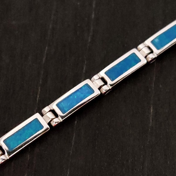 Sterling Silber 925 Feuer Regenbogen Blau Opal Griechisches Armband, Opal Armband, Griechischer Silber Blau Opal Stein Armband, Armband Grecque Opal