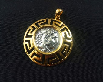 Sterling Silver 925 Meander Greek Key & Alexander The Great Gold Plated 32mm Pendant, Greek Pendant, Griechische Vergoldete Anhanger Schmuck