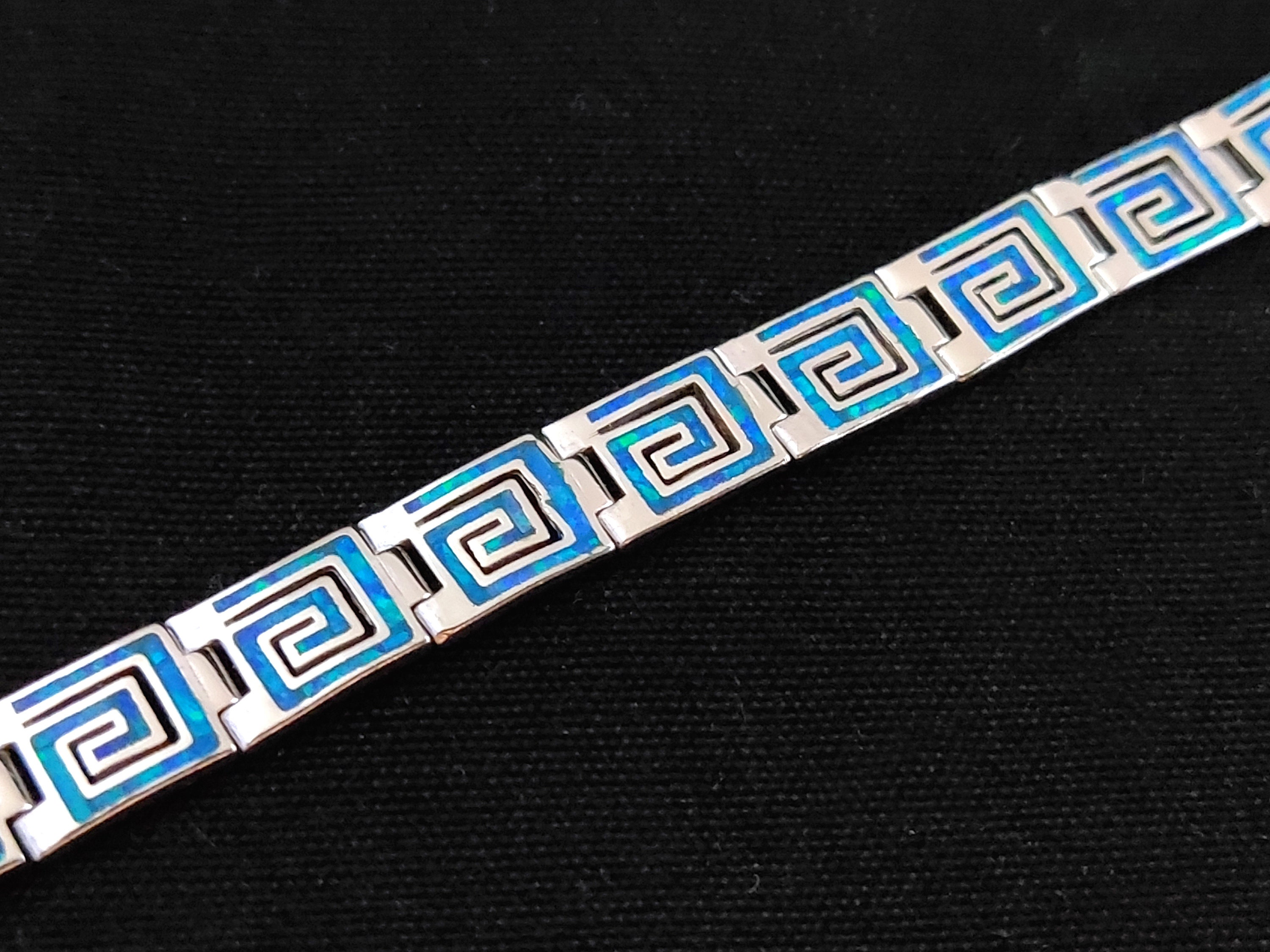 Sterling Silver 925 Greek Bracelet With Blue Opal Stones Etsy