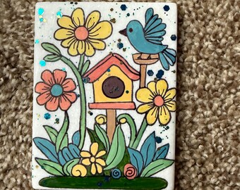 Blue Bird and birdhouse painted rock SEALED painted rocks