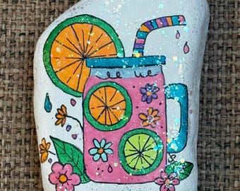 Glittery Pink Lemonade in Mason Jar Hand Painted Rock SEALED