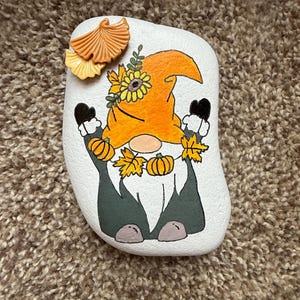 Fall Gnome Painted rock SEALED 3D autumn leaves