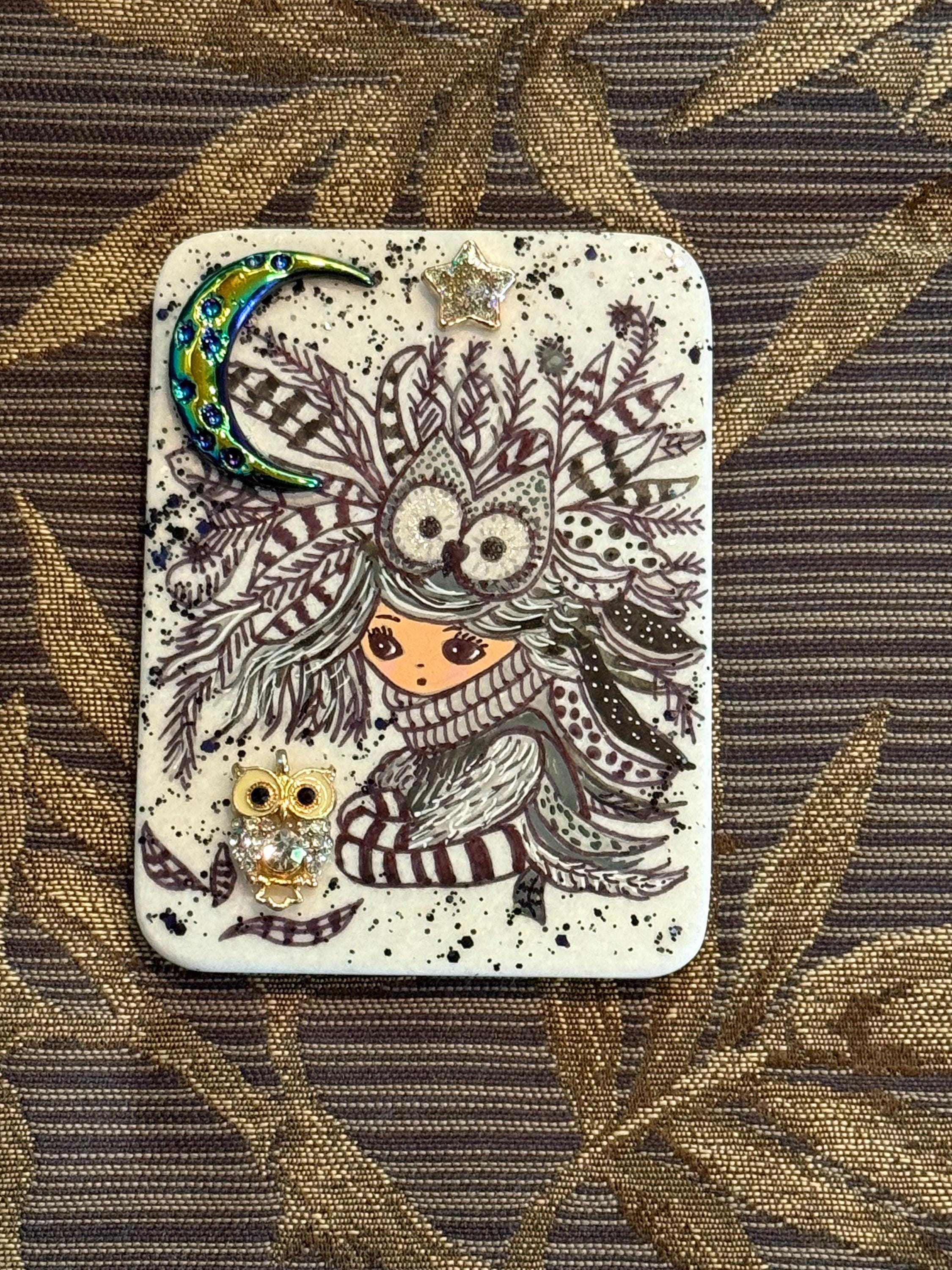 Moonlit Owl Keeper painted rock SEALED 3D owl, moon and star