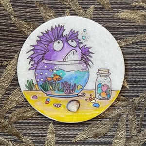 Quirky Fish in fish bowl Painted Rock SEALED 3D seashell