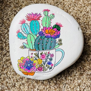 Cactus flowers painted rock SEALED potted plant rock