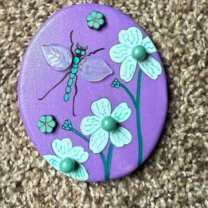 Turquoise Dragonfly and flowers Painted Rock SEALED 3D bohemian crystal gems painted rocks