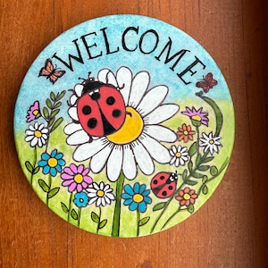 Welcome Painted Rock SEALED ladybugs and flowers
