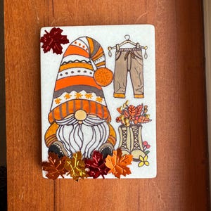 Fall gnome painted rock SEALED with 3D leaves!