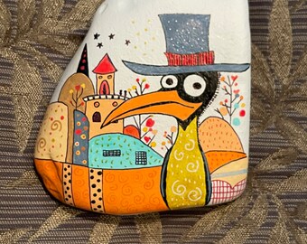 Quirky Penguin painted rock in his village SEALED