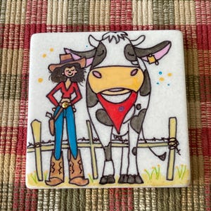 Just a cowgirl with her cow painted rock SEALED