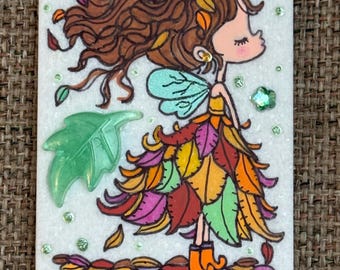 Whimsical Fall Fairy painted rock SEALED 3D leaf and gems