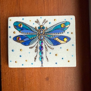 Blue and Gilded Gold Dragonfly Painted Rock SEALED with 3D gems