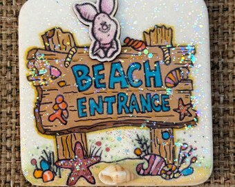 Whimsical Beach Entrance sign featuring 3D Piglet wood cutout ! SEALED Glittery 3D Shell