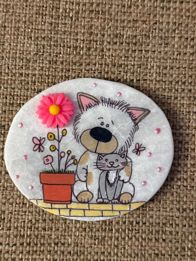 Whimsical Cat and Dog Painted Rock SEALED Best Friends 3D Flower - Etsy