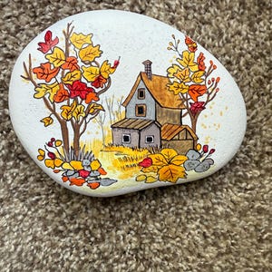 Country Home in Fall painted rock SEALED autumn painted rocks
