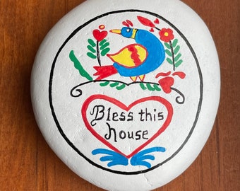Bless this house painted rock - Pennsylvania Dutch Hex Symbol SEALED