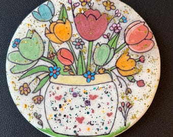 Vase of tulips painted rock SEALED flowers painted rocks