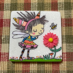 Whimsical girl, a 3D flower and a bee painted rock SEALED