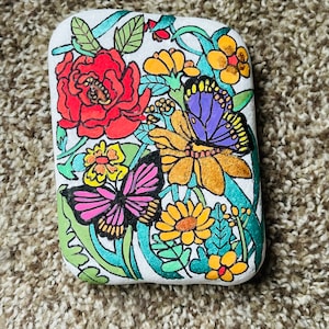 Butterflies and flowers Painted Rock SEALED partial metallics