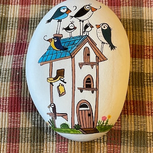 Whimsical birds on birdhouse painted rock SEALED
