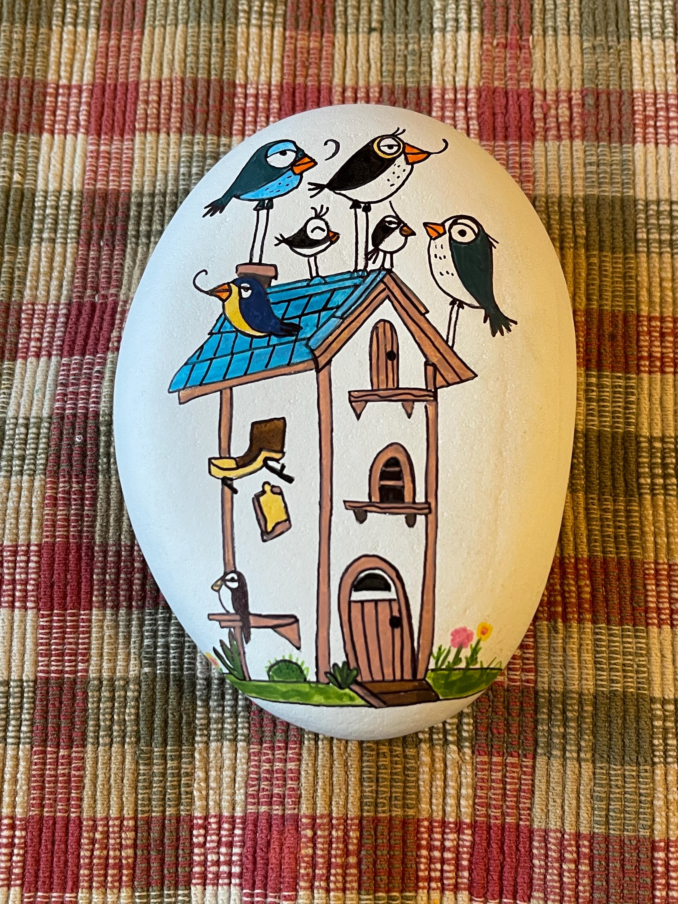 Whimsical birds on birdhouse painted rock SEALED