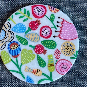 Whimsical flowers painted rock SEALED Santorini rock