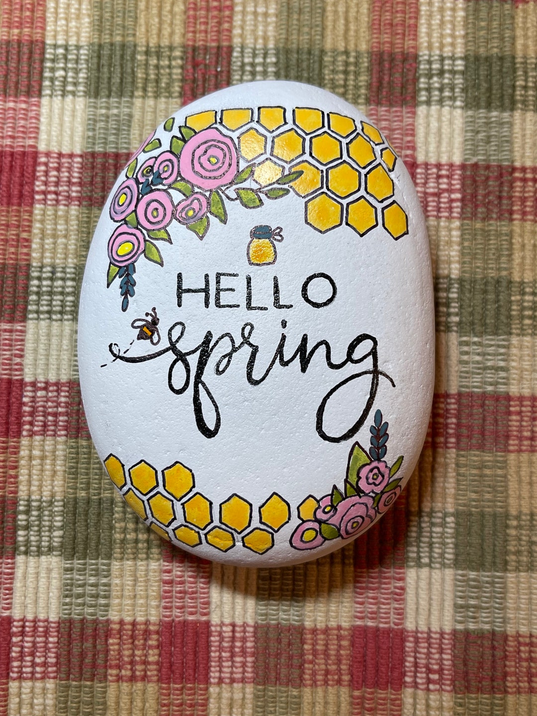 Hello Spring Painted Rock With Honeycombs and Flowers SEALED - Etsy