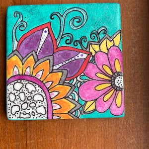 Whimsical Flowers Painted Rock  SEALED
