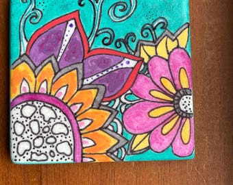 Whimsical Flowers Painted Rock  SEALED