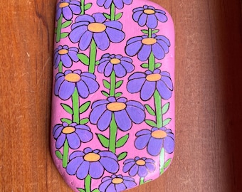 Purple flowers painted rock SEALED on thin Santorini