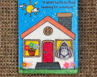 Eeyore Painted Rock with 3D wood cutout and flowers SEALED Keep looking for sunshine