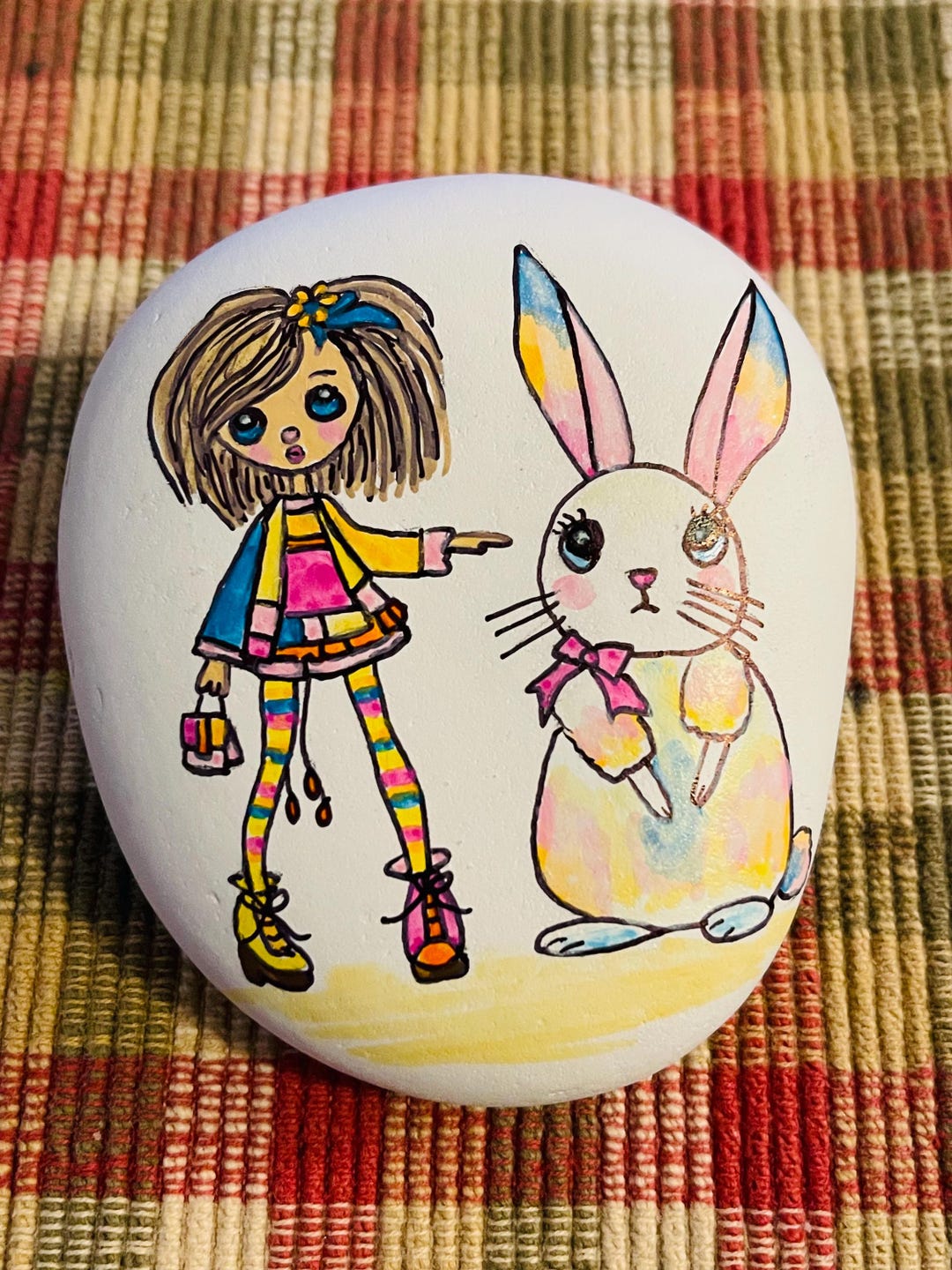 Quirky Girl With Large Bunny Painted Rock SEALED Easter Painted Rocks ...
