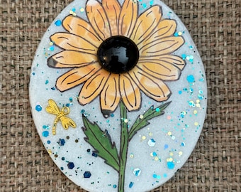 Fussy Cut Decoupage Black-Eyed Susan hand painted rock SEALED 3D Distressed Vintage Flowers