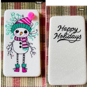 Minitarjeta de Felices Fiestas con muñeco de nieve y piedra pintada, SELLADA, 2 caras, personalización gratuita