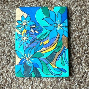 Blue Flowers and Gilded Gold Leaf painted rock SEALED