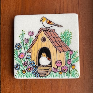 Birds and birdhouse painted rock SEALED garden painted rocks