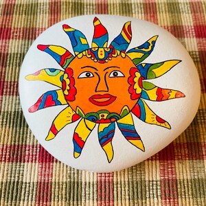 Colorful Boho Sun painted rock SEALED
