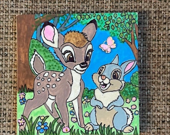 Bambi and Thumper hand painted marble tile SEALED 3D enamel butterfly