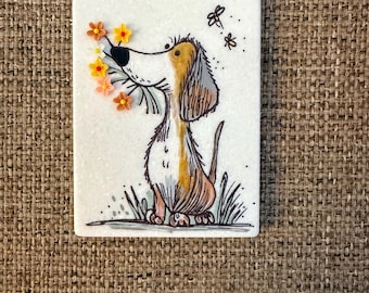 Bring me flowers scruffy dog painted rock SEALED 3D flowers