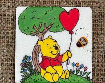 Pooh holding heart balloon painted rock SEALED painted rocks 3D bee