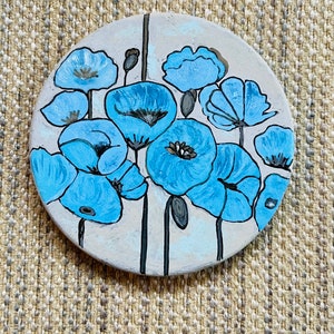Blue Poppies painted rock SEALED Santorini rock