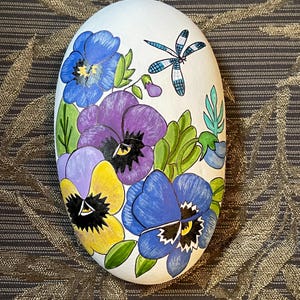 Pansies and dragonfly painted rock SEALED garden painted rocks