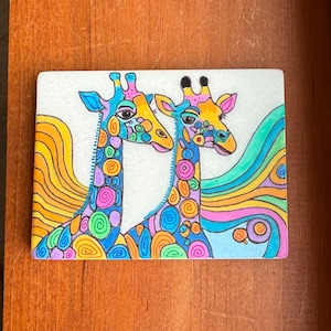 Colorful Giraffes painted rock SEALED