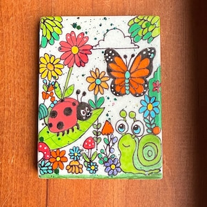 Colorful Ladybug, Snail and Butterfly Painted Rock with flowers SEALED