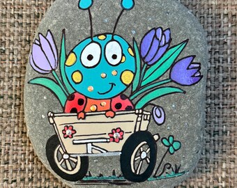 Summer Ladybug in a Wagon with Purple Tulips Painted Rock SEALED