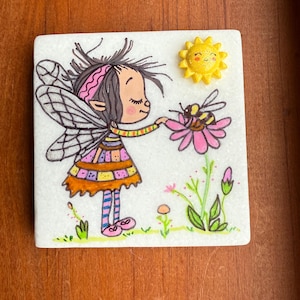 Whimsical girl, a flower and a bee painted rock SEALED 3D Sun
