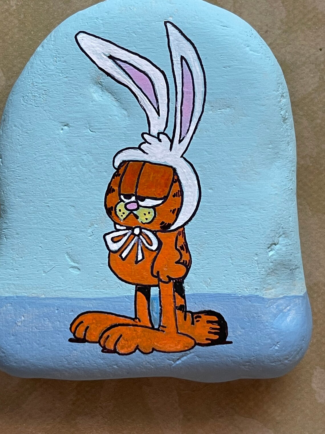 Garfield Painted Rock With Easter Bunny Ears Painted Rocks Etsy