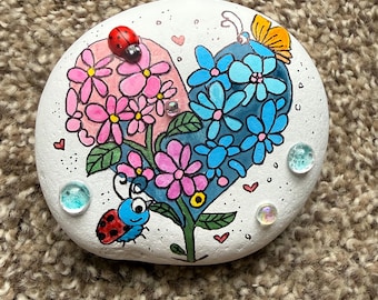 Whimsical Flower Heart Painted Rock with 3D Ladybug and Water Droplets SEALED